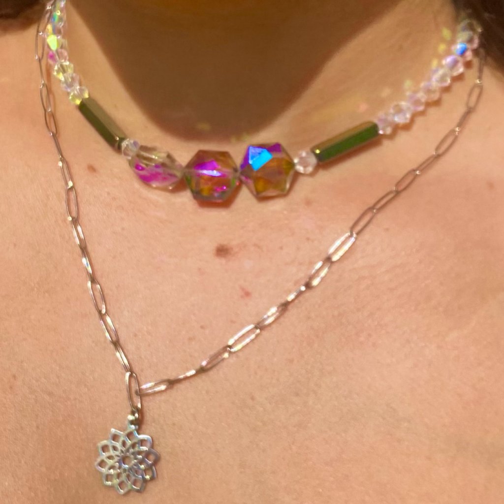 Layering Necklace In Silver, Transparent, And Iridescent Colors